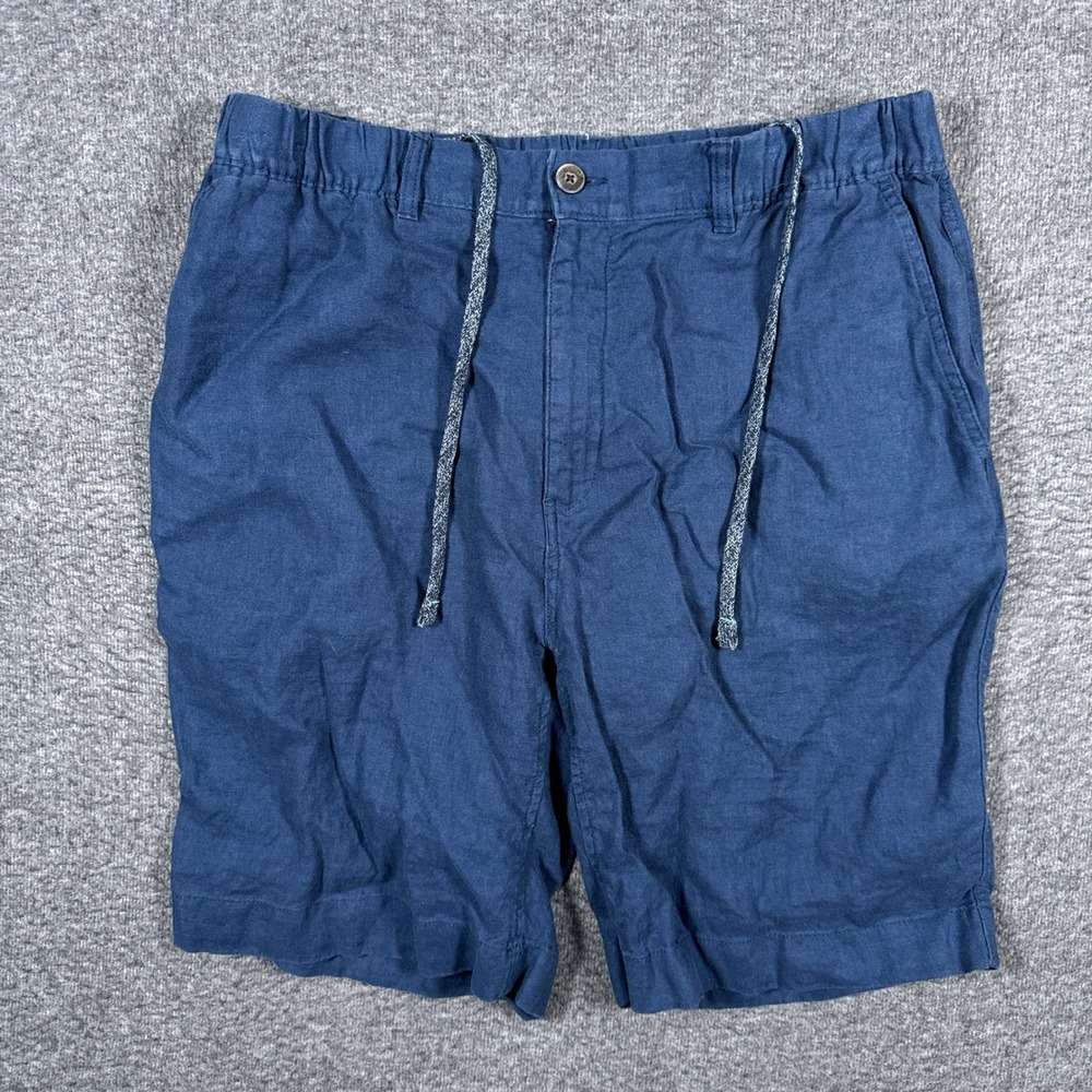 Caribbean Shorts Mens 38 Blue 100% Linen Drawstring Elastic Waist Beach 10"